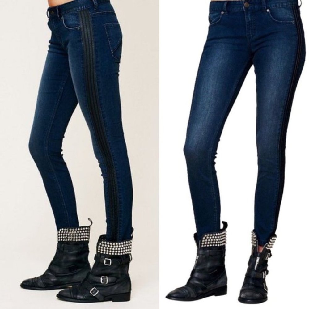 Free People Vegan Leather Trim Blue Skinny‎ 5 Pocket Aquatic Blue Sz 29